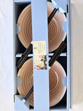 JEWEL 4PC SET Bowl Chopsticks Pink Stripe Made In Japan
